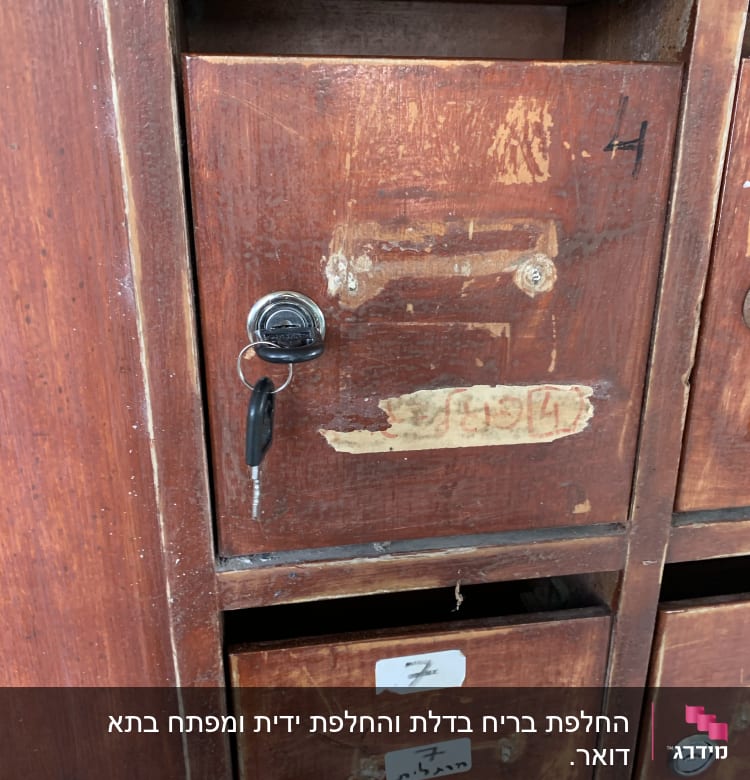 מנעול עם מפתח על דלת עץ ישנה